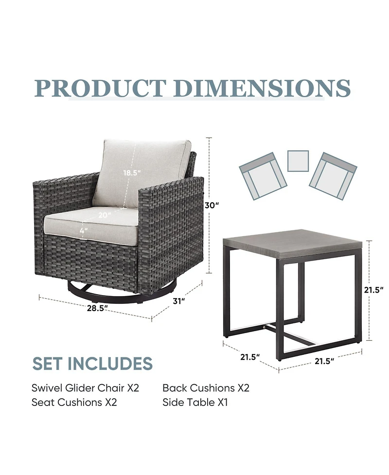 Pocassy Outdoor Patio Set, Wicker Rocking Bistro Set with Swivel Chairs and Side Table, Rattan Furniture Cushions