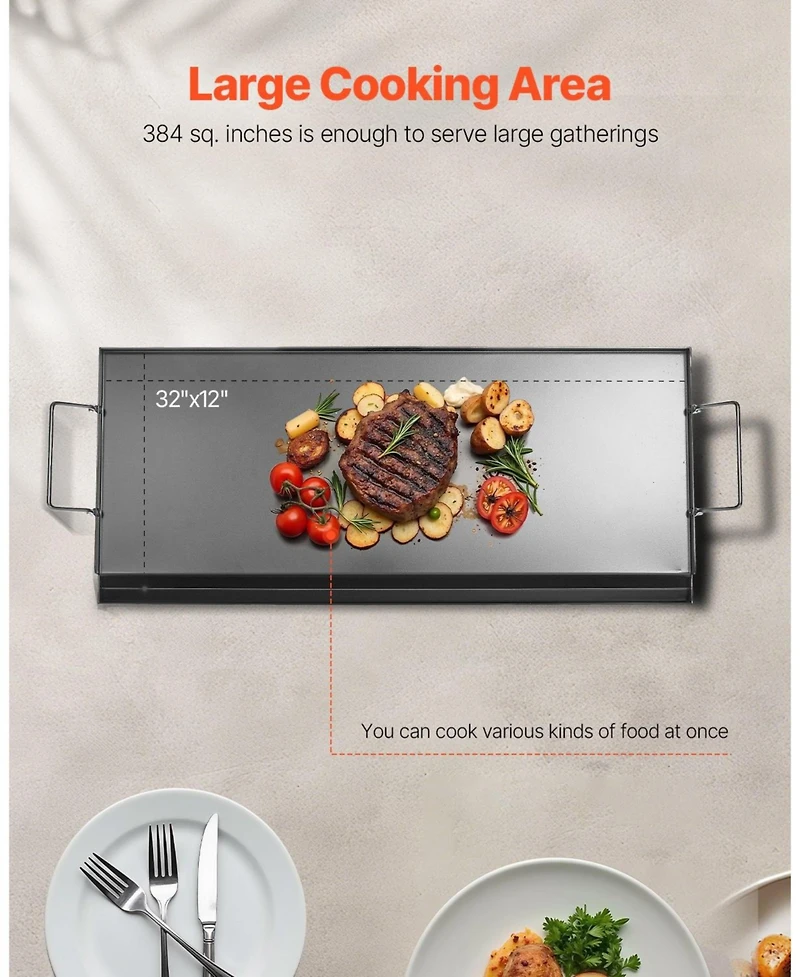 Cozito Carbon Steel Griddle, 32 x 14 inches Flat Top Gas Grill Plate with Handles