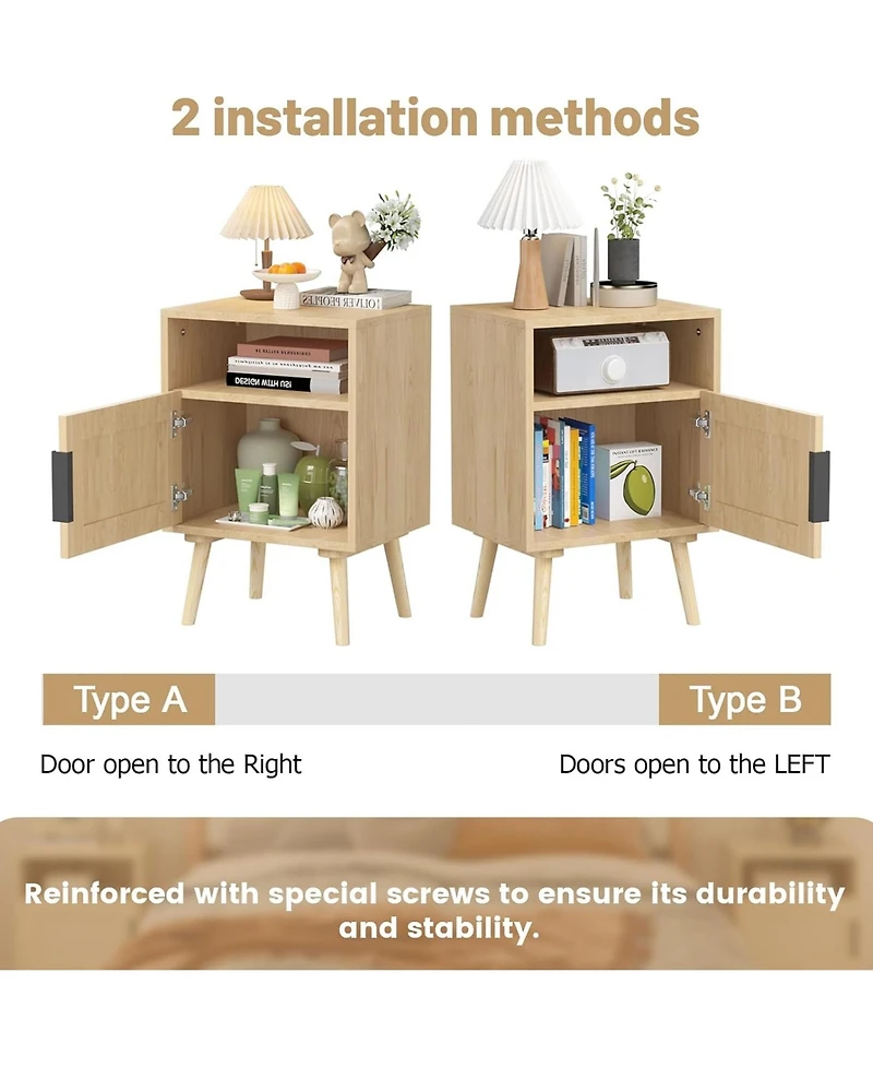 Rainsken Rattan Nightstand, Bedside End Table with Door Open Shelf, Side Table with Solid Wood Legs for Bedroom, Dorm and Small Spaces