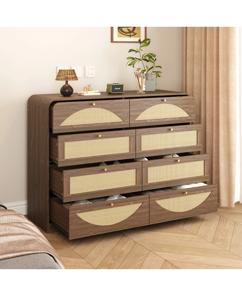 Rainsken 8 Drawer Double Dresser, Rattan Wide Particle Board Chest, Space Saving Storage Organizer
