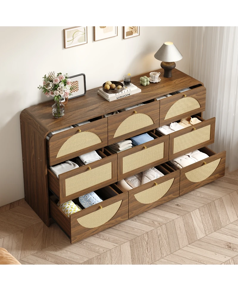 Rainsken 9 Drawer Dresser, Rattan Wide Particle Board Chest, Space Saving Storage Organizer