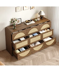 Rainsken 9 Drawer Dresser, Rattan Wide Particle Board Chest, Space Saving Storage Organizer