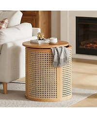 Rainsken Round Solid Wood Nightstand, Hollow Woven Bedside Table, Compact Accent End Table