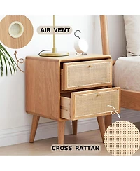Rainsken Rattan Nightstand, Solid Oak Wood Bedside Table with 2 Drawers Drawers, Small End Table for Small Spaces, Bedroom, Living Room