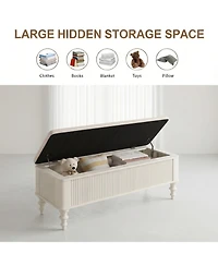 Rainsken Linen Seat Storage Ottoman Bench, Solid Rubberwood Bed End for Bedroom, Living Room, Entryway, Closet