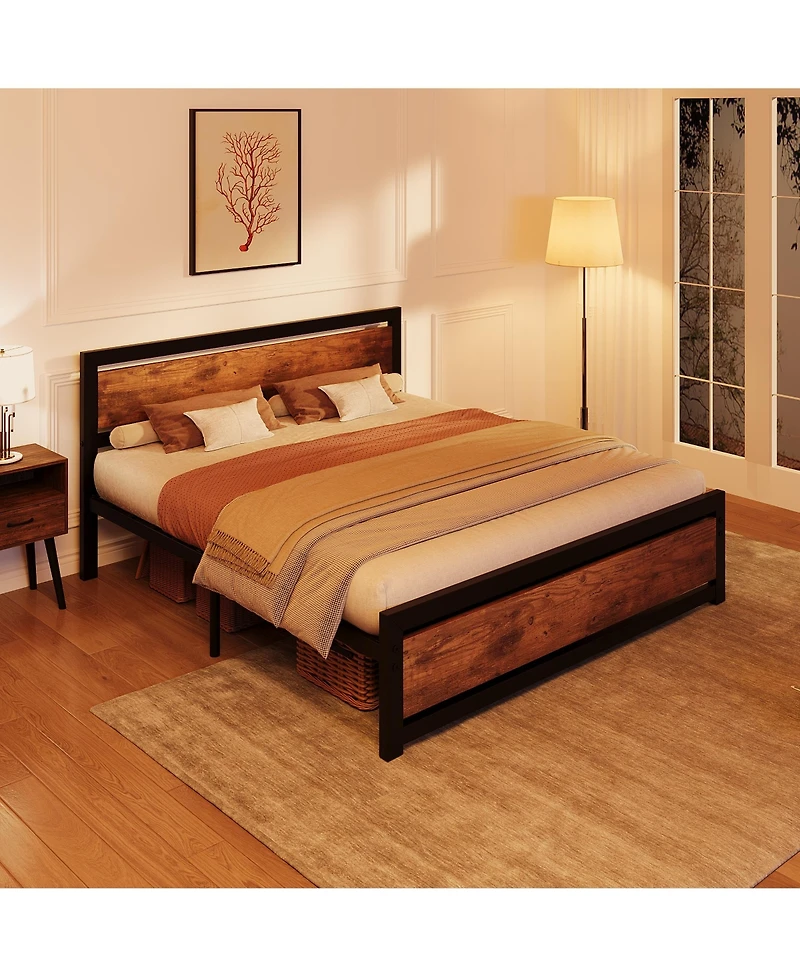 homfan Industrial Platform Bed Frame with Wooden Headboard and Footboard, 13.8 Inch Underbed Space
