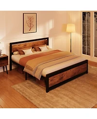 homfan Industrial Platform Bed Frame with Wooden Headboard and Footboard, 13.8 Inch Underbed Space