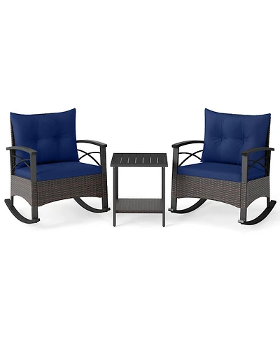 Gouun 3-Piece Pe Rattan Rocking Bistro Set with Acacia Wood Table and Cushions