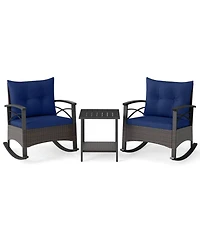 Gouun 3-Piece Pe Rattan Rocking Bistro Set with Acacia Wood Table and Cushions