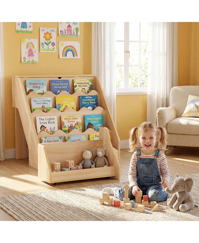 Costway Kids Bookshelf and Toy Storage Organizer with Rolling Drawer Cart, 4 Tier Book Shelf
