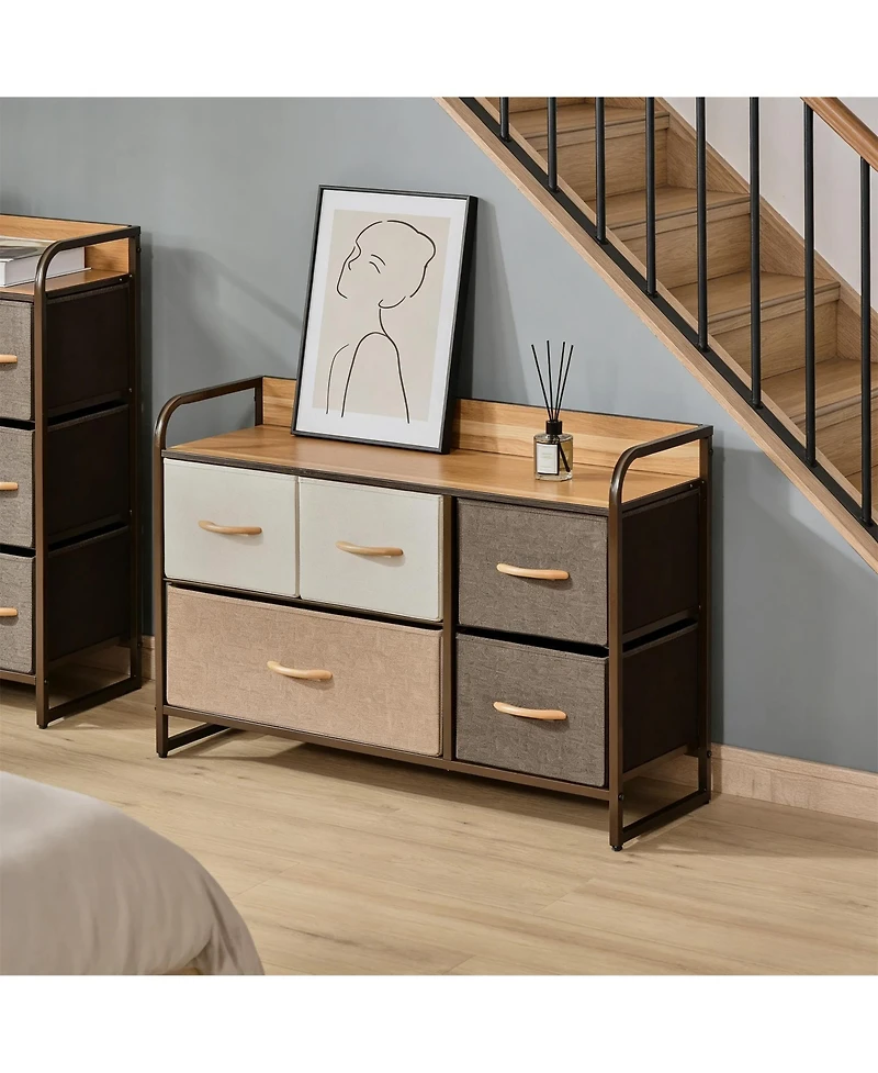 Clihome Rustic Farmhouse Storage Cabinet and Dressing Table 5 Drawer Maple Wood Organizer