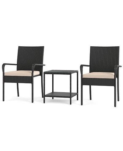 Gouun 3-Piece Pe Rattan Patio Set with Cushioned Chairs and 2-Tier Glass Table