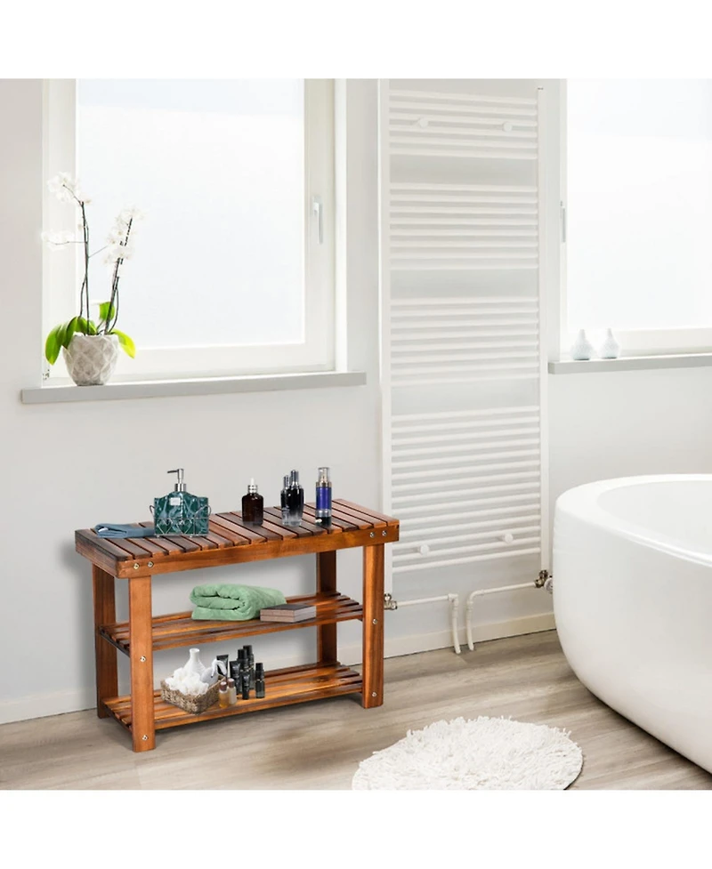 Gouun Freestanding Acacia Wood Storage Bench with 3-Tier Shoe Shelves