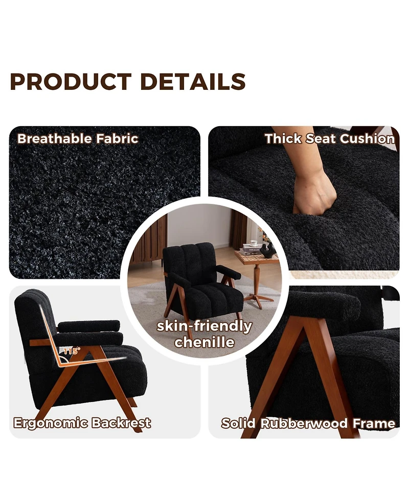 Rainsken Modern Accent Chair with Studded, Upholstered Chenille Armchair, Solid Wood Frame, for Living Room, Apartment, Bedroom