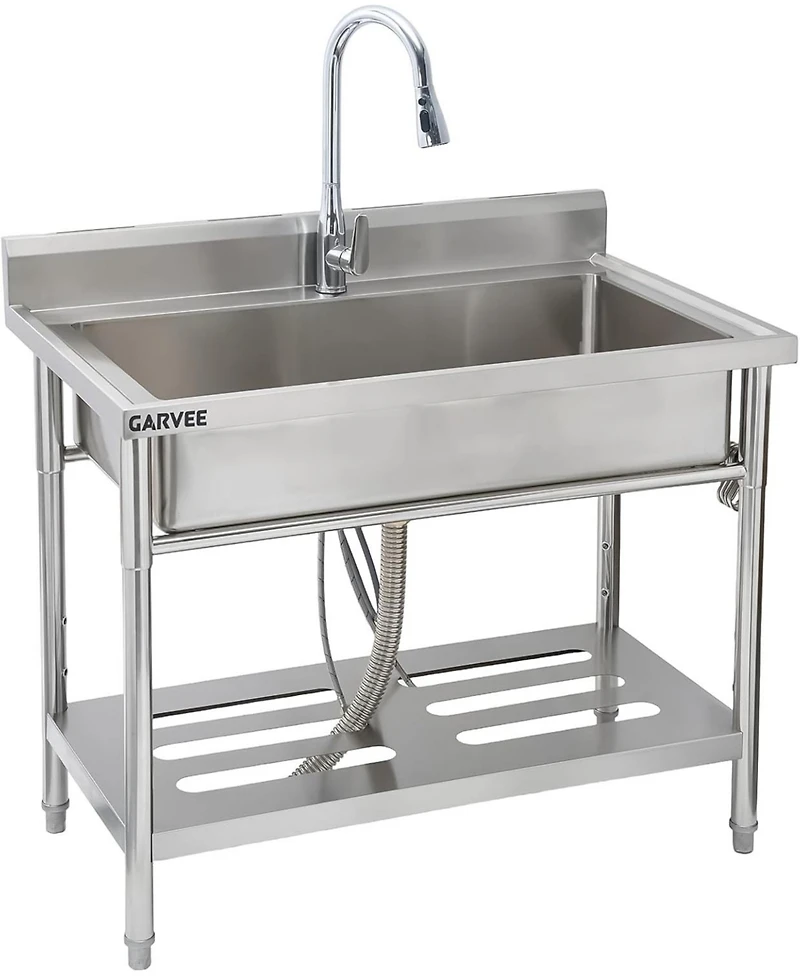 Gaomon Freestanding Stainless Steel Utility Sink Single Bowl Sink with Hot and Cold Pull-Out Faucet Storage Shelf Adjustable Legs