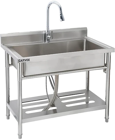 Gaomon Freestanding Stainless Steel Utility Sink Single Bowl Sink with Hot and Cold Pull-Out Faucet Storage Shelf Adjustable Legs