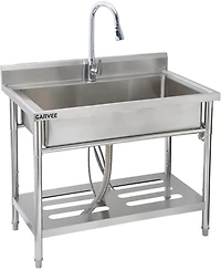 Gaomon Freestanding Stainless Steel Utility Sink Single Bowl Sink with Hot and Cold Pull-Out Faucet Storage Shelf Adjustable Legs
