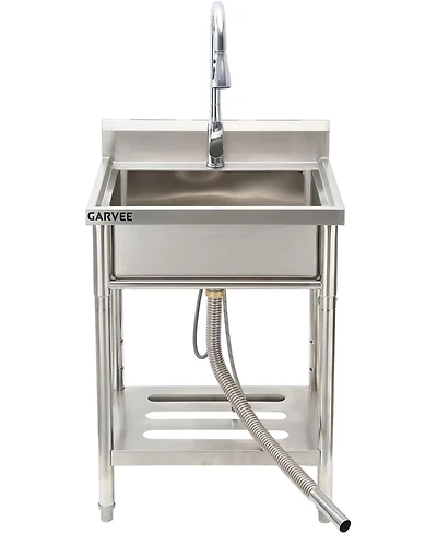 Gaomon Freestanding Stainless Steel Utility Sink Single Bowl Laundry Sink with Pull-Out Faucet Storage Shelf and Backsplash