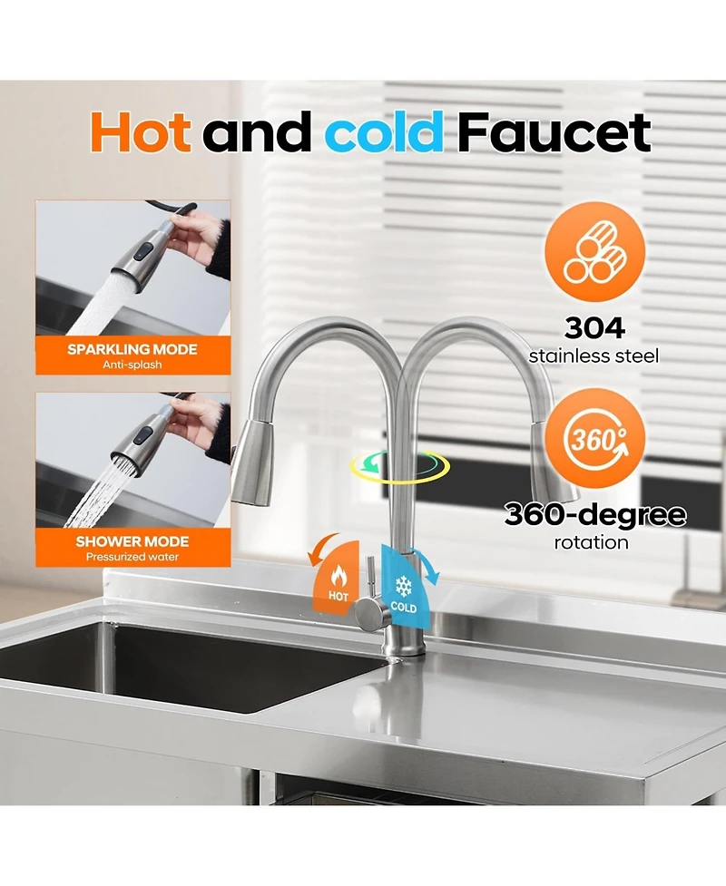 Gaomon Freestanding Stainless Steel Utility Sink Single Bowl with Hot and Cold Faucet Drawer Storage Shelf and Workbench