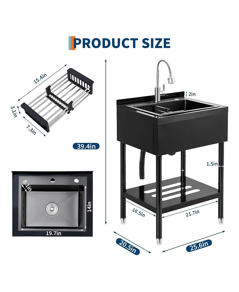 Gaomon Freestanding Stainless Steel Utility Sink Single Bowl with Pull-Out Hot and Cold Faucet Shelf and Drain Basket