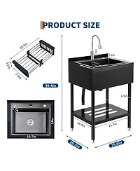 Gaomon Freestanding Stainless Steel Utility Sink Single Bowl with Pull-Out Hot and Cold Faucet Shelf and Drain Basket