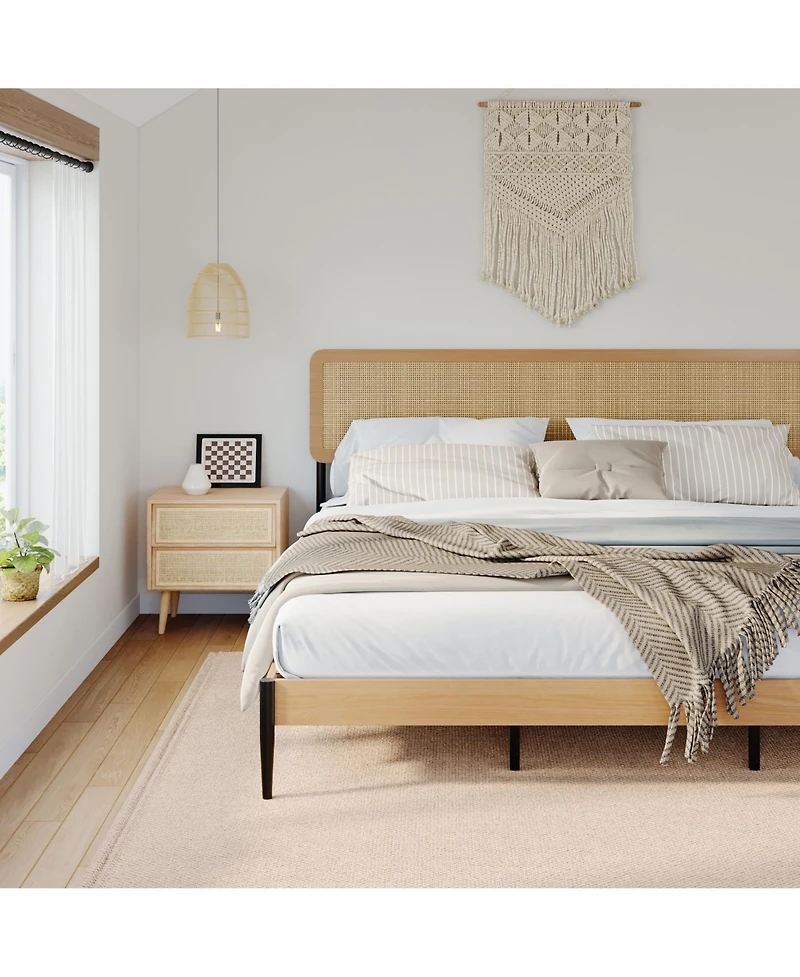 gaomon King Rattan Platform Bed – Headboard, Wood Slats, Under Bed Storage, Noise-Free, No Box Spring Needed
