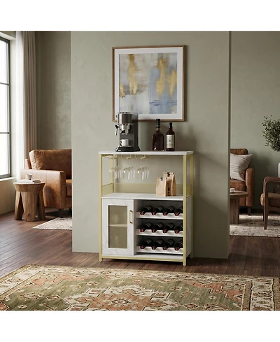 homfan Wine Cabinet with Led Lights, Freestanding Liquor Storage Rack for Living Room Kitchen Dining Room, Engineered Wood and Iron Bar Cabinet