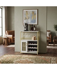 homfan Wine Cabinet with Led Lights, Freestanding Liquor Storage Rack for Living Room Kitchen Dining Room, Engineered Wood and Iron Bar Cabinet