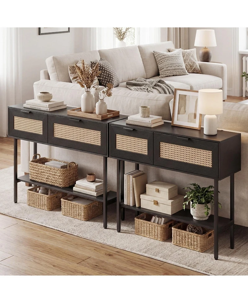 Slickblue Stylish Rattan Console Table with Storage Cabinets and Steel Frame Shelf