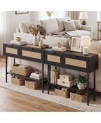 Slickblue Stylish Rattan Console Table with Storage Cabinets and Steel Frame Shelf