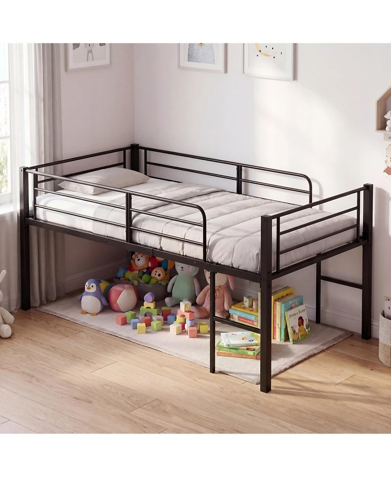 Slickblue Twin Low Loft Bed with Guardrails and 2 Ladders, Space-Saving Design