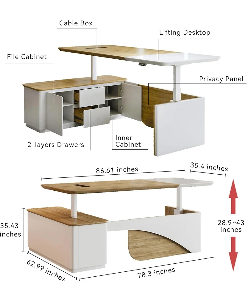 Logicfox 86" Electric Adjustable Height L Shaped Standing Executive Desk with Drawers and Shelves