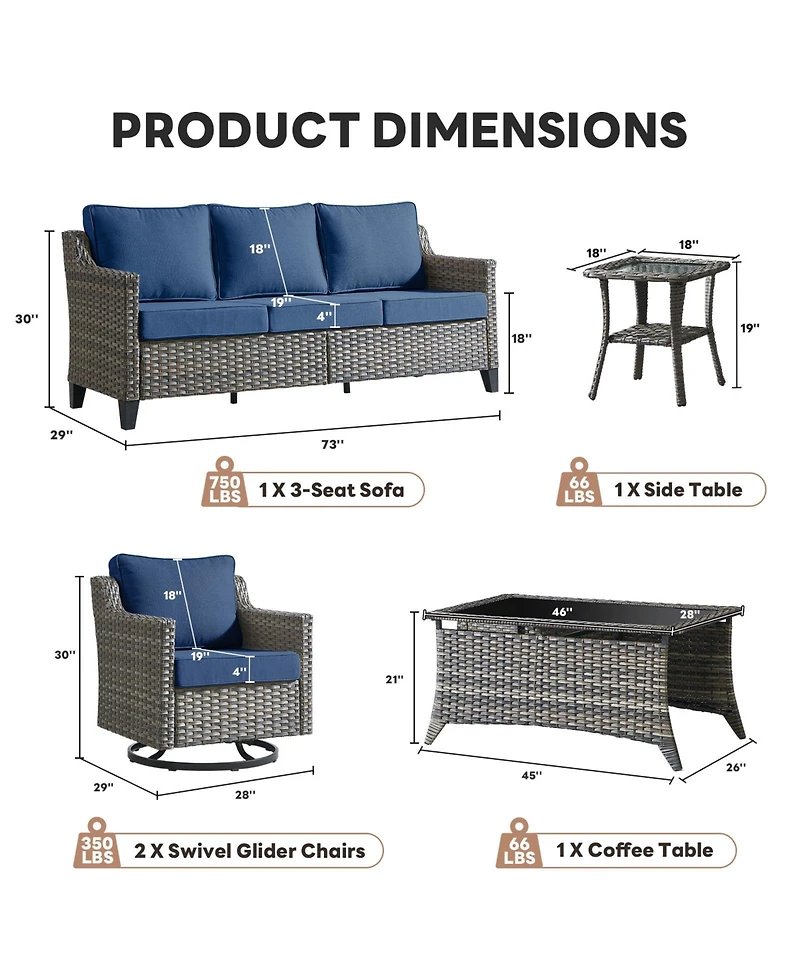 Pocassy Wicker Patio Furniture Set with Swivel Rocker Chairs Outdoor Wicker Sofa and Rattan Coffee Table, 5 Pieces Outdoor Conversation Sets