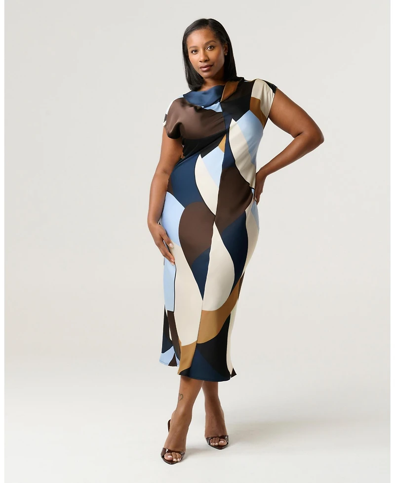 Estelle Women's Jorja Twist-Neck Print Satin Sheath Midi Dress