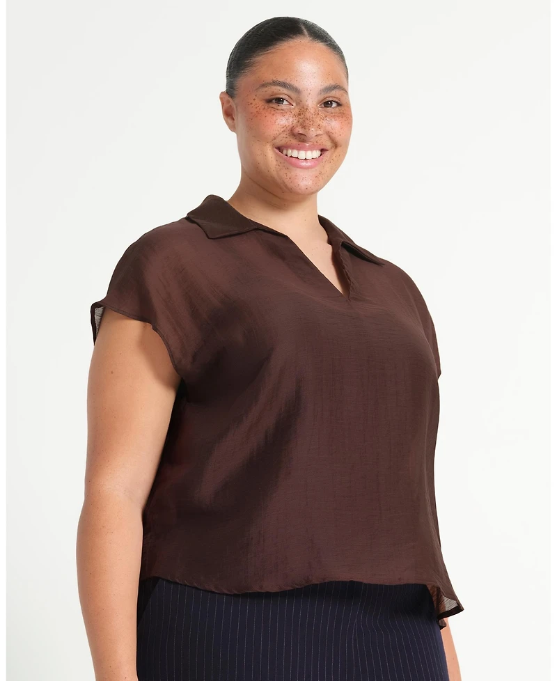 Estelle Women's Kelly Sheer Collared V-Neck Short Sleeve Top