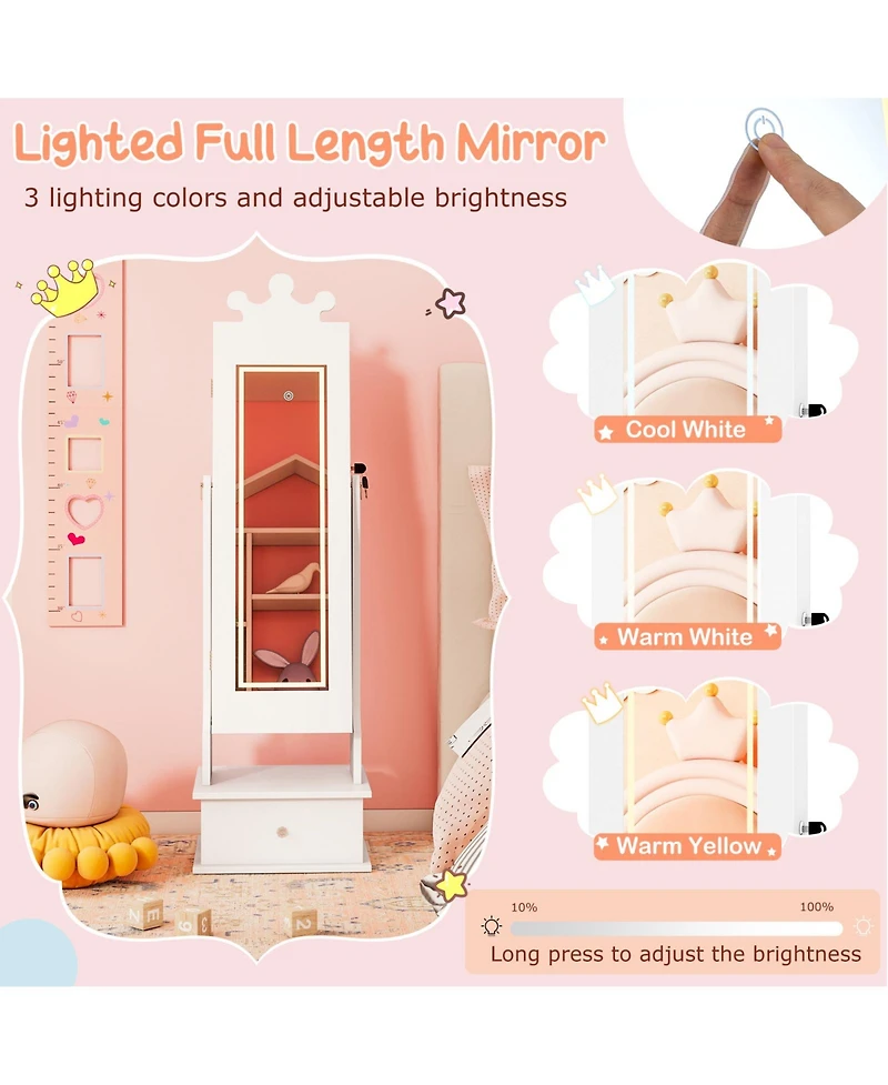 Sugift Kids Jewelry Armoire with Full-Length Lighted Mirror and Inside Led Lights