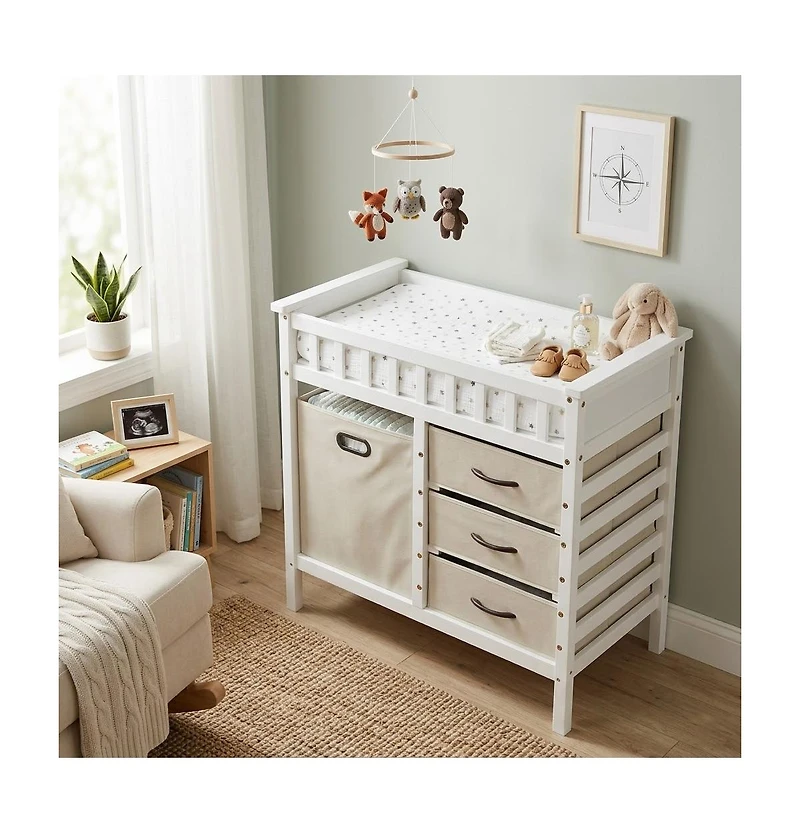 Slickblue Wooden Diaper Changing Table with Fabric Storage Drawers