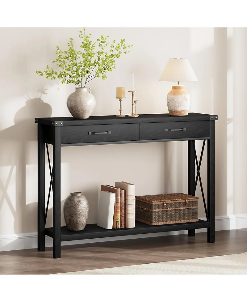 homfan Industrial Console Table, 2-Tier Narrow Sofa Table with Drawers and Open Shelf