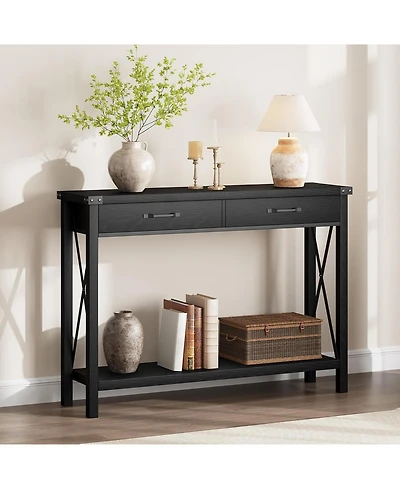 homfan Industrial Console Table, 2-Tier Narrow Sofa Table with Drawers and Open Shelf