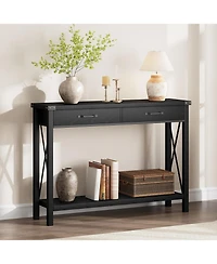 homfan Industrial Console Table, 2-Tier Narrow Sofa Table with Drawers and Open Shelf