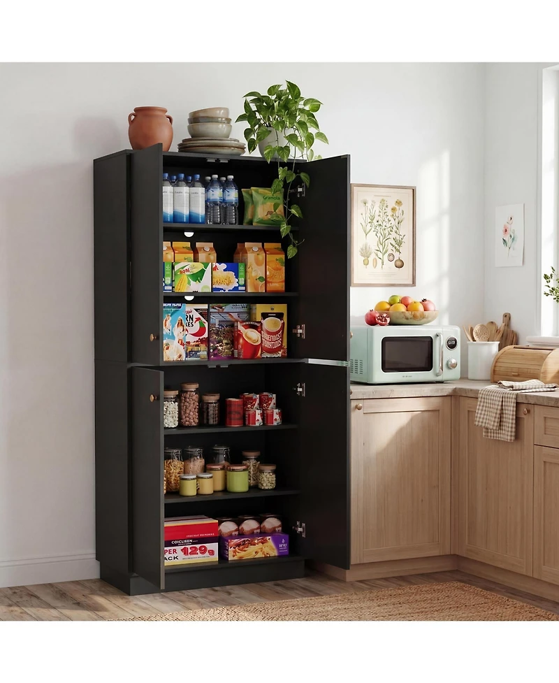 homfan 68" Black Kitchen Pantry Cabinet - 4 Adjustable Shelves and 4 Doors, Freestanding Storage for Kitchen or Living Room