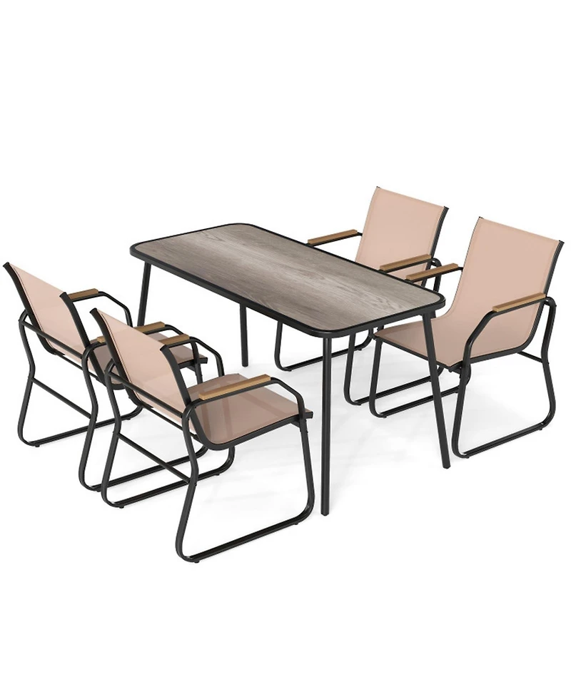 Gouun 5 Piece Patio Dining Set with 55 in Rectangular Wood-Look Table and 4 Fabric Sling Armchairs