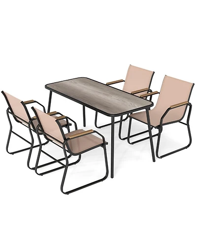Gouun 5 Piece Patio Dining Set with 55 in Rectangular Wood-Look Table and 4 Fabric Sling Armchairs