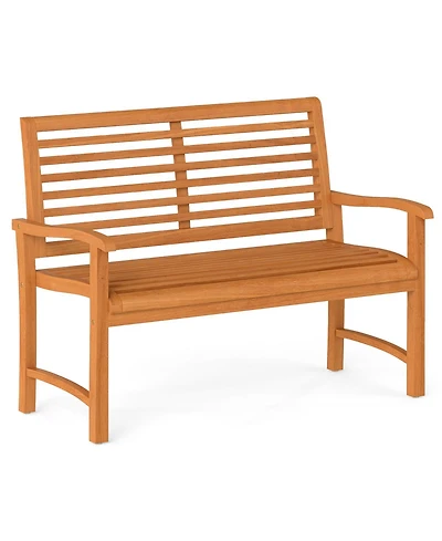 Sugift Teak Wood Outdoor Garden Bench with Slatted Backrest and Curved Armrests