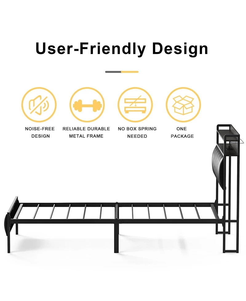 Hausource King/Twin Size Bed Frame with Storage Headboard & Charging Station Upholstered Platform Bed