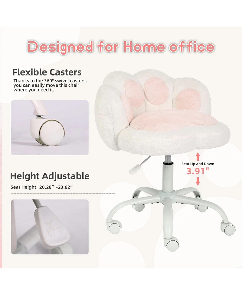 homfan Vanity Chair with Wheels, Cat Paw Back, 360degree(s) Swivel Height Adjustable Armless Chair, Teddy Fleece, Color-Blocking