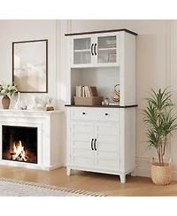 homfan 72" Freestanding Pantry Cabinet Buffet Hutch with Adjustable Shelves, Glass and Wood Doors for Dining Room