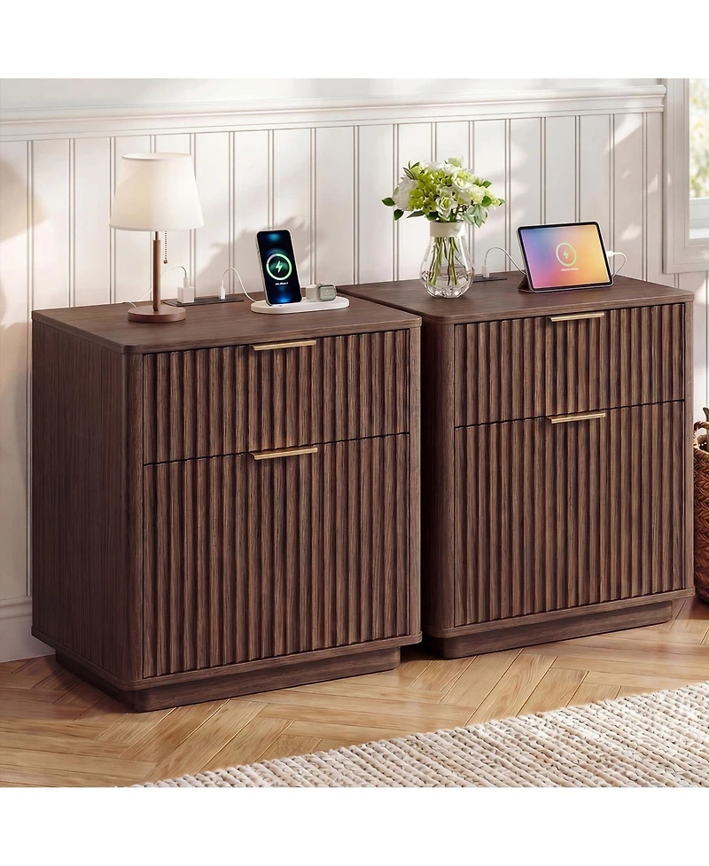 gaomon Fluted Nightstand Set of 2, Modern Bedside Tables with Charging Station and 2 Drawers, Wooden End Table for Bedroom Living Room