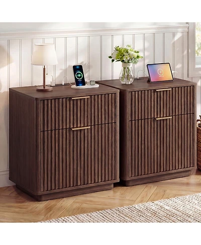 gaomon Fluted Nightstand Set of 2, Modern Bedside Tables with Charging Station and 2 Drawers, Wooden End Table for Bedroom Living Room