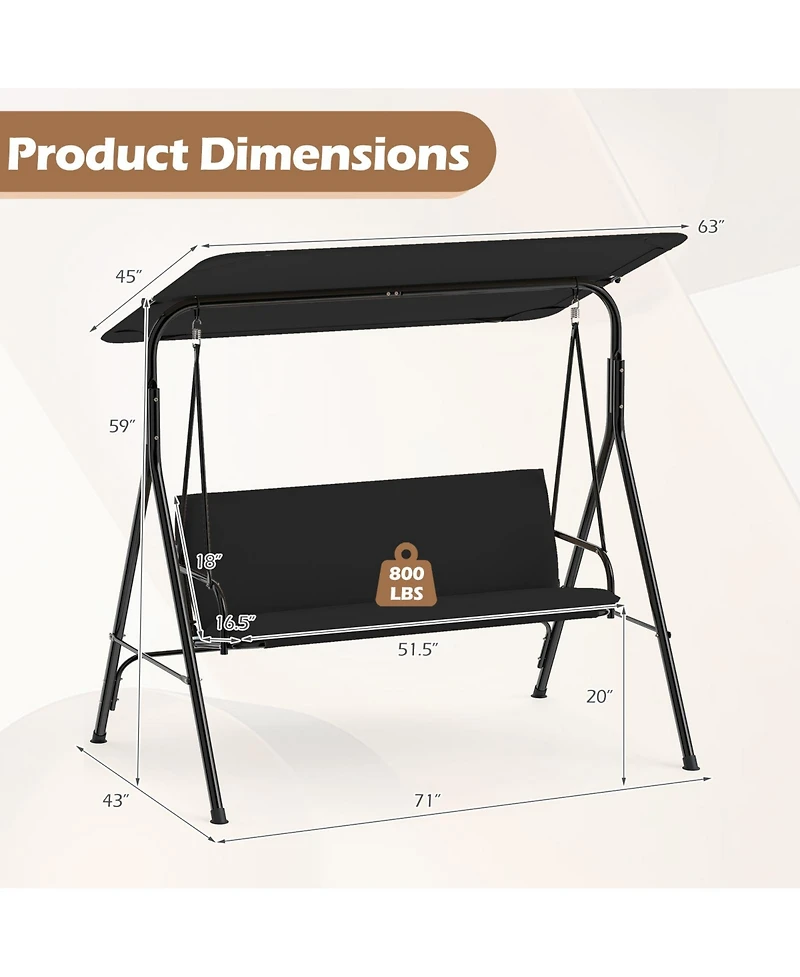 Gymax 3-Seat Outdoor Patio Swing Chair w/ ArmrestsAdjustable Tilt Canopy and Stand